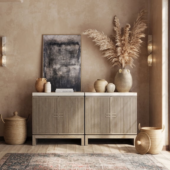 BELLEZE Set of 2 Anton 2 Door Sideboard Buffet Cabinet with Travertine-Look Top, Fluted Reeded Doors, Adjustable Shelf Storage Credenza for Dining Room Living Room Entryway, Travertine Greige