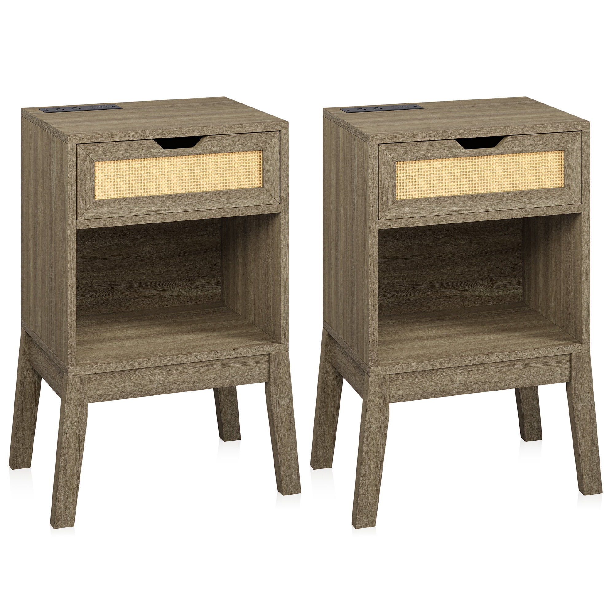 Nature Wood End Tables with Rattan Drawer and Storage Shelf