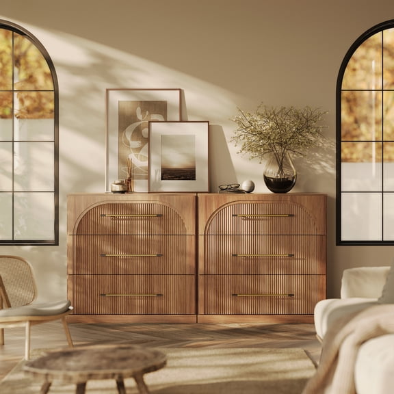 BELLEZE Set of 2 Fluted Modular Sideboard Cabinet, Classic Modern Buffet Cabinet with 3 Drawers, Accent Credenza Storage Cabinet for Dining Room Living Room Entryway (Camel)