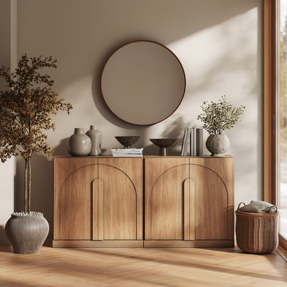 BELLEZE Set of 2 Modern Buffet Cabinets (63" Wide)-Large Sideboard Credenza with Arched Doors-Seamless Hidden Storage Console for Dining Room & Living Area-Camel