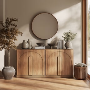 BELLEZE Set of 2 Modern Buffet Cabinets (63" Wide)-Large Sideboard Credenza with Arched Doors-Seamless Hidden Storage Console for Dining Room & Living Area-Camel