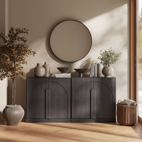BELLEZE Set of 2 Modern Buffet Cabinets (63" Wide)-Large Sideboard Credenza with Arched Doors-Seamless Hidden Storage Console for Dining Room & Living Area-Ebony