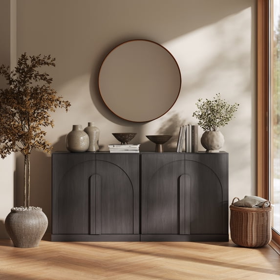 BELLEZE Set of 2 Modern Buffet Cabinets (63" Wide)-Large Sideboard Credenza with Arched Doors-Seamless Hidden Storage Console for Dining Room & Living Area-Ebony