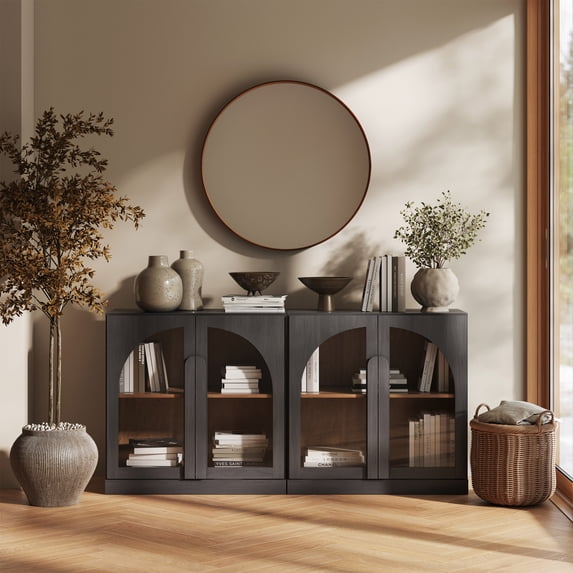BELLEZE Set of 2 Modern Sideboard Buffet Cabinets (63" Wide) - Large Kitchen Credenza with 4 Arched Glass Doors - Seamless Storage Console Table for Dining Room, Living Room & TV Stand - Ebony