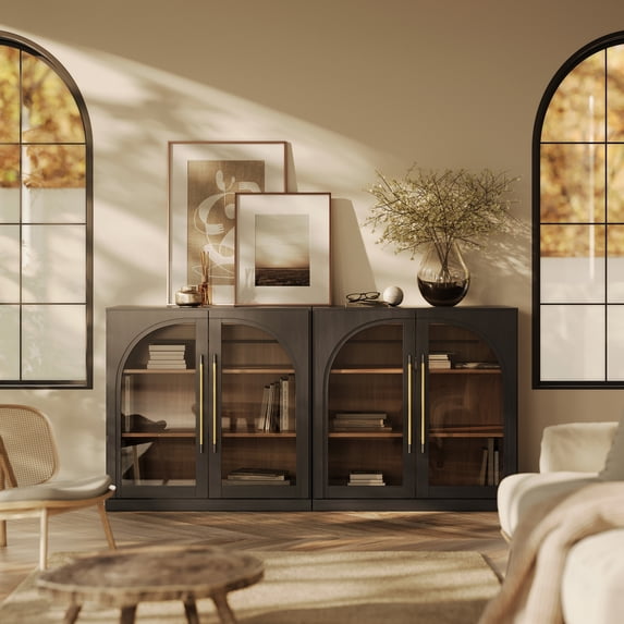 BELLEZE Set of 2 Modular Sideboard with Arched Glass Door, Accent Display Buffet Cabinet with Storage and Adjustable Shelves,Classic Modern Credenza for Dining Room Living Room Entryway (Ebony)