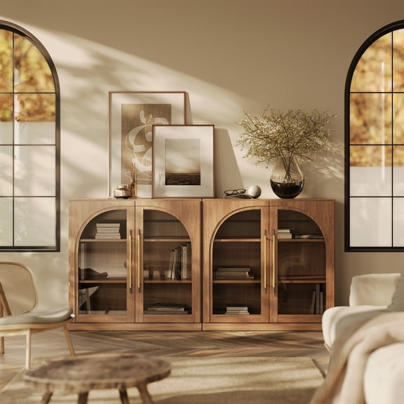 BELLEZE Set of 2 Modular Sideboard with Arched Glass Door, Accent Display Buffet Cabinet with Storage and Adjustable Shelves,Classic Modern Credenza for Dining Room Living Room Entryway (Camel)