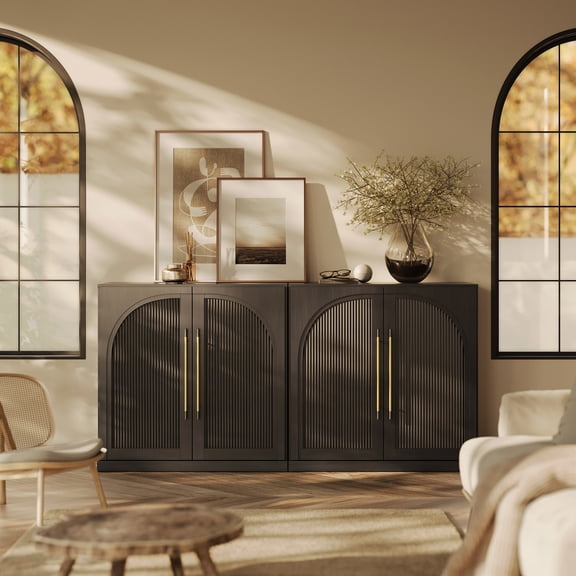 BELLEZE Set of 2 Modular Sideboard with Double-Arc Wood Doors, Small Arched Buffet Cabinet with Storage and Adjustable Shelves, Classic Modern Credenza for Dining Room, Living Room or Entryway(Ebony)