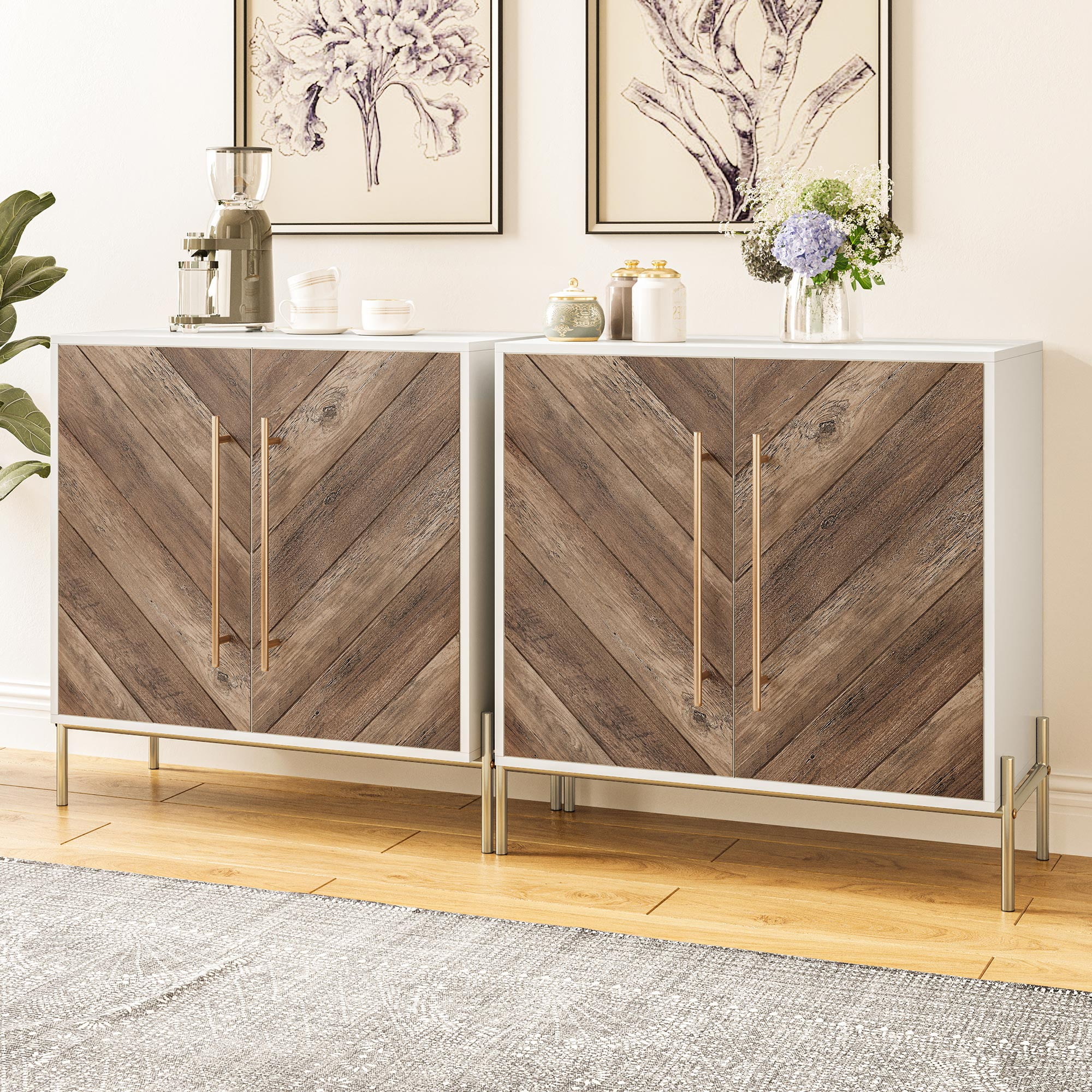Set of 2 Rustic Oak and White Sideboard Buffet Cabinets