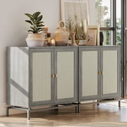 BELLEZE Set of 2 Sideboard Buffet Cabinet with Rattan Decorated Doors, Storage Cabinet with Metal Base and Adjustable Shelves, Credenza for Bedroom, Hallway, Living Room, Office - Liam(Gray)