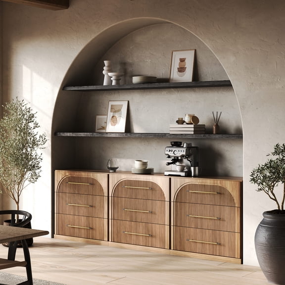 BELLEZE Set of 3 Fluted Modular Sideboard Cabinet, Classic Modern Buffet Cabinet with 3 Drawers, Accent Credenza Storage Cabinet for Dining Room Living Room Entryway (Camel)