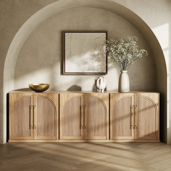 BELLEZE Set of 3 Modular Sideboard with Double-Arc Wood Doors, Small Arched Buffet Cabinet with Storage and Adjustable Shelves, Classic Modern Credenza for Dining Room, Living Room or Entryway(Camel)