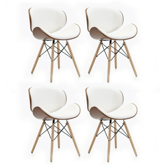 BELLEZE Set of 4 Mid Century Modern dining Chairs, Upholstered Faux Leather Walnut Curved Back Contemporary Kitchen Dining Accent Chair, Minimalist Vintage Style - Avalon (White)