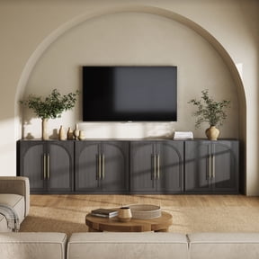 BELLEZE Set of 4 Modular Sideboard with Double-Arc Wood Doors, Small Arched Buffet Cabinet with Storage and Adjustable Shelves, Classic Modern Credenza for Dining Room, Living Room or Entryway(Ebony)