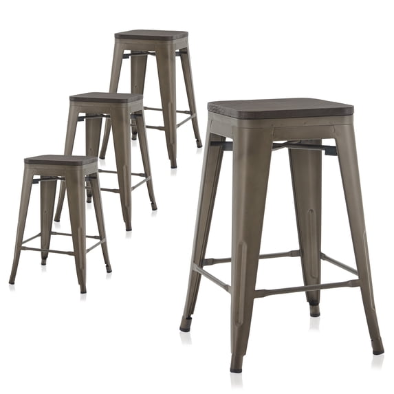 BELLEZE Set Of 4, 24Inch Metal Bar Stools Dining Chairs With Wood Seat, Stackable Counter Height Barstools, Brown