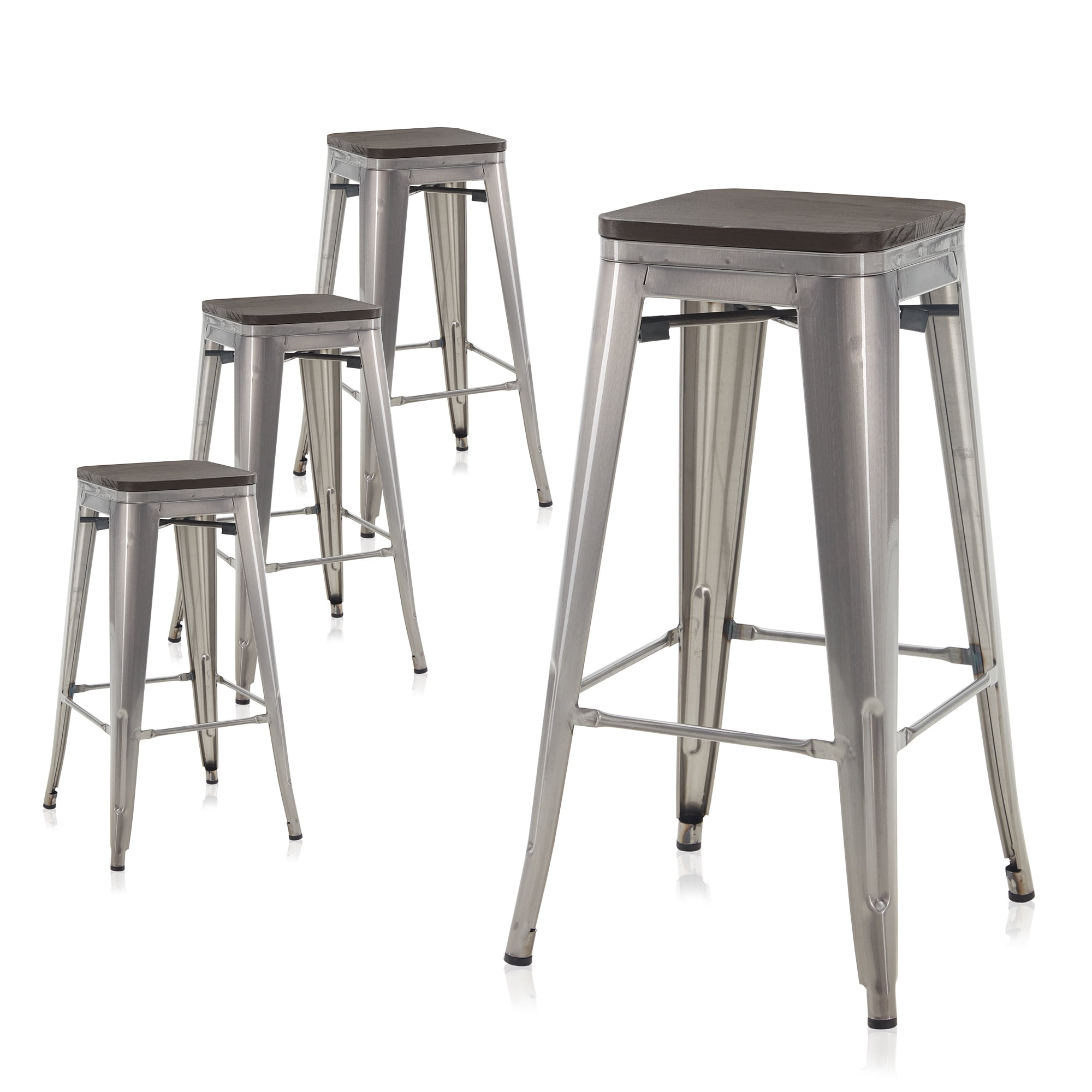 BELLEZE Set Of 4, 30Inch Metal Bar Stools Dining Chairs With Wood Seat