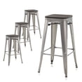 thumbnail image 1 of BELLEZE Set Of 4, 30Inch Metal Bar Stools Dining Chairs With Wood Seat, Stackable Counter Height Barstools, Gunmetal, 1 of 5