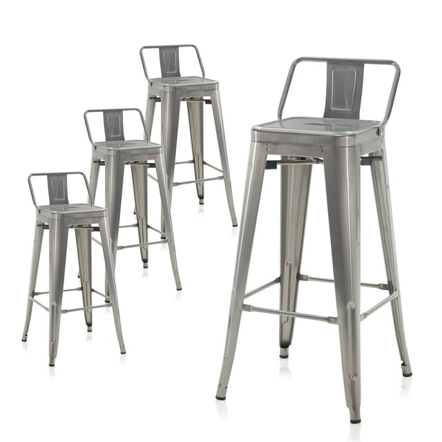 BELLEZE Set of 4, 30Inch Seat Height Metal Dining Chairs Bar Stool With Low Backrest, Counter Height Stool, Gunmetal