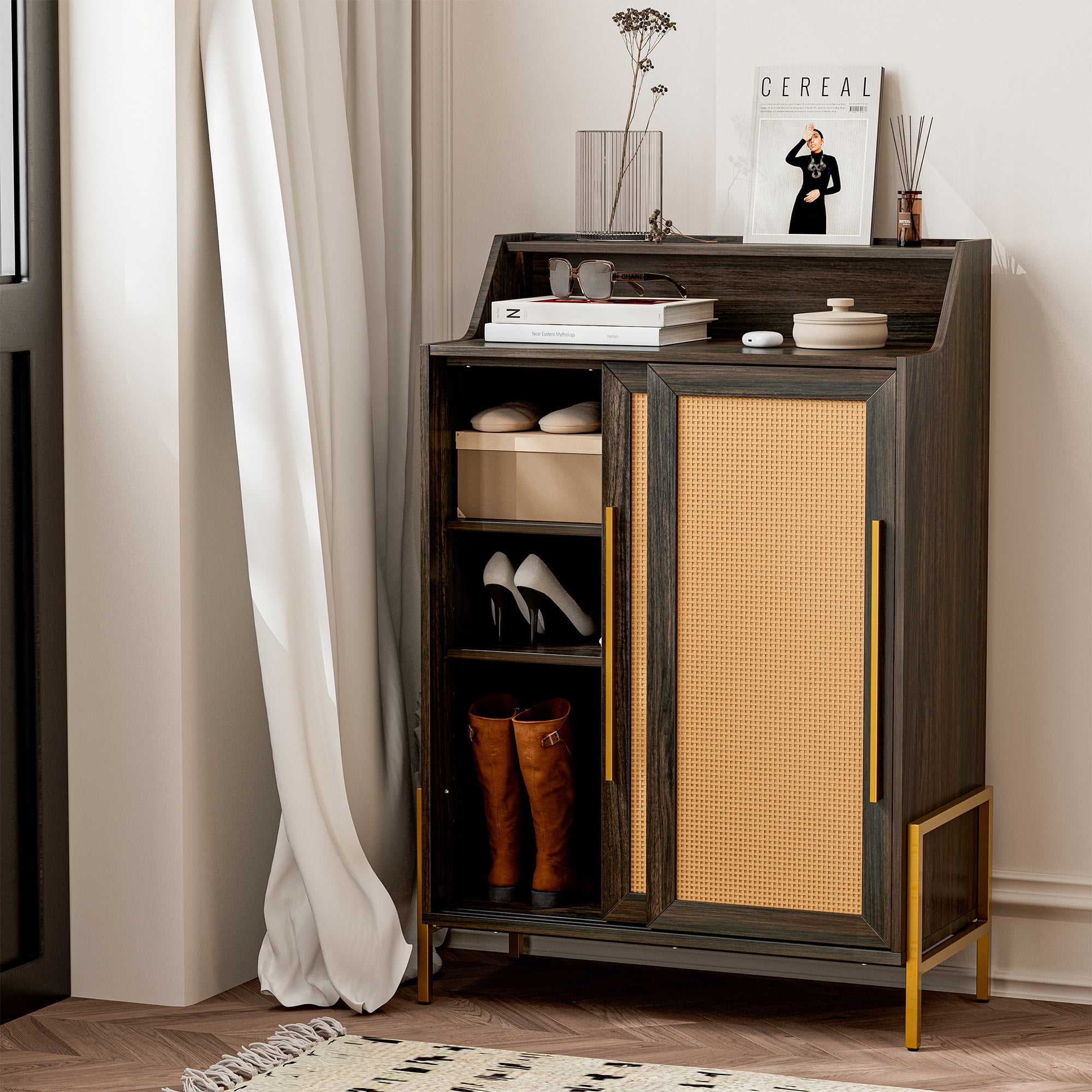 Brown Rattan Sliding Door Storage Cabinet with Adjustable Shelves