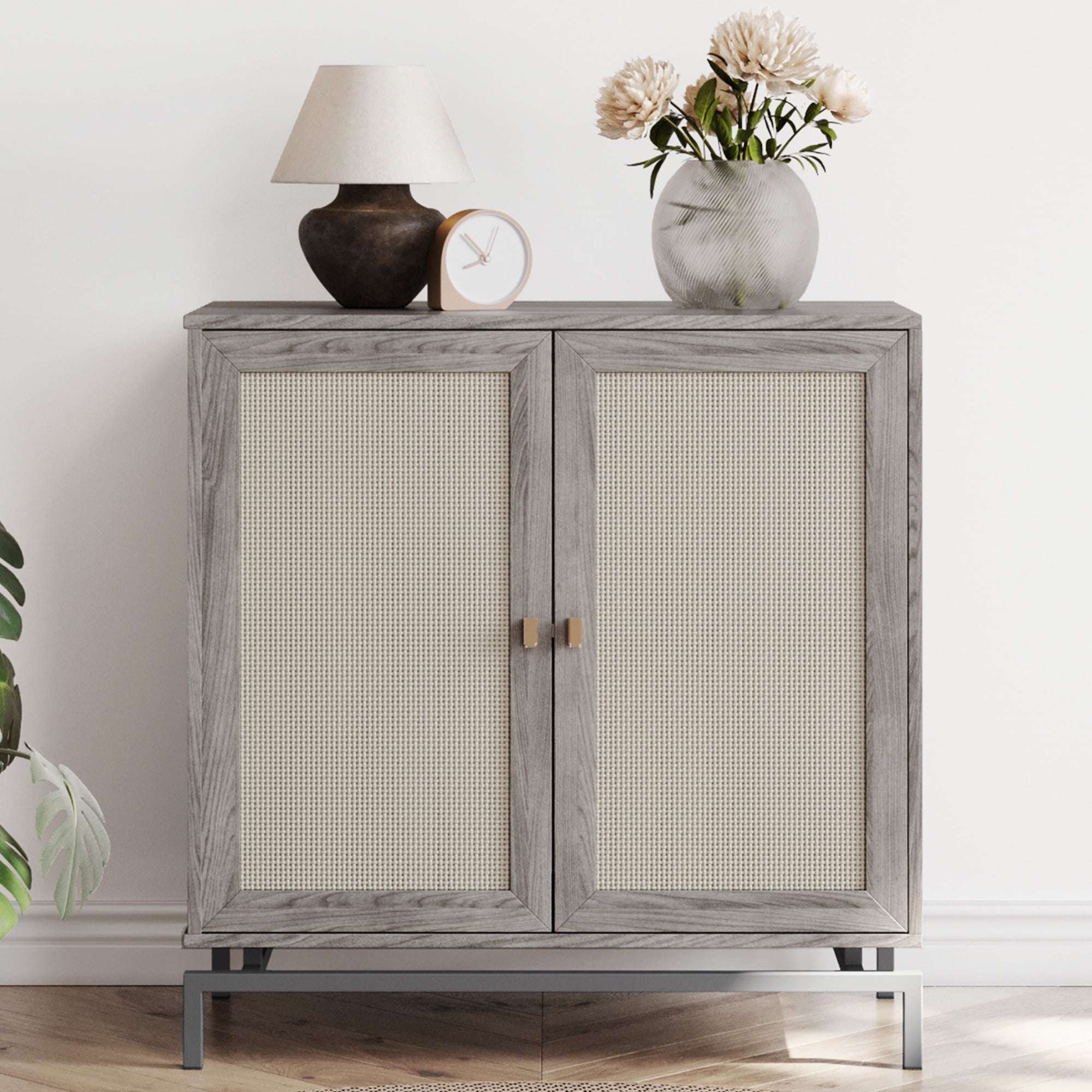 Gray Wood Sideboard Cabinet with Rattan Doors and Metal Base
