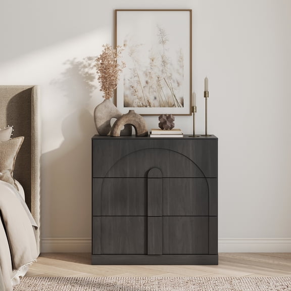 BELLEZE Sideboard Cabinet with 3 Drawers, Modern Wood Buffet Cabinet with Arc Design, Large Fluted Sideboard with Storage for Dining Room Living Room Entryway, Ebony