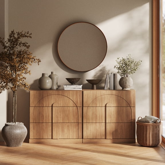 BELLEZE Sideboard Cabinet with 3 Drawers, Set of 2 Modern Wood Buffet Cabinet with Arc Design, Large Fluted Sideboard with Storage for Dining Room Living Room Entryway, Camel