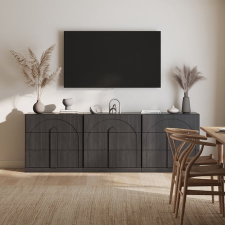BELLEZE Sideboard Cabinet with 3 Drawers, Set of 3 Modern Wood Buffet Cabinet with Arc Design, Large Fluted Sideboard with Storage for Dining Room Living Room Entryway, Ebony