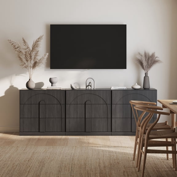 BELLEZE Sideboard Cabinet with 3 Drawers, Set of 3 Modern Wood Buffet Cabinet with Arc Design, Large Fluted Sideboard with Storage for Dining Room Living Room Entryway, Ebony