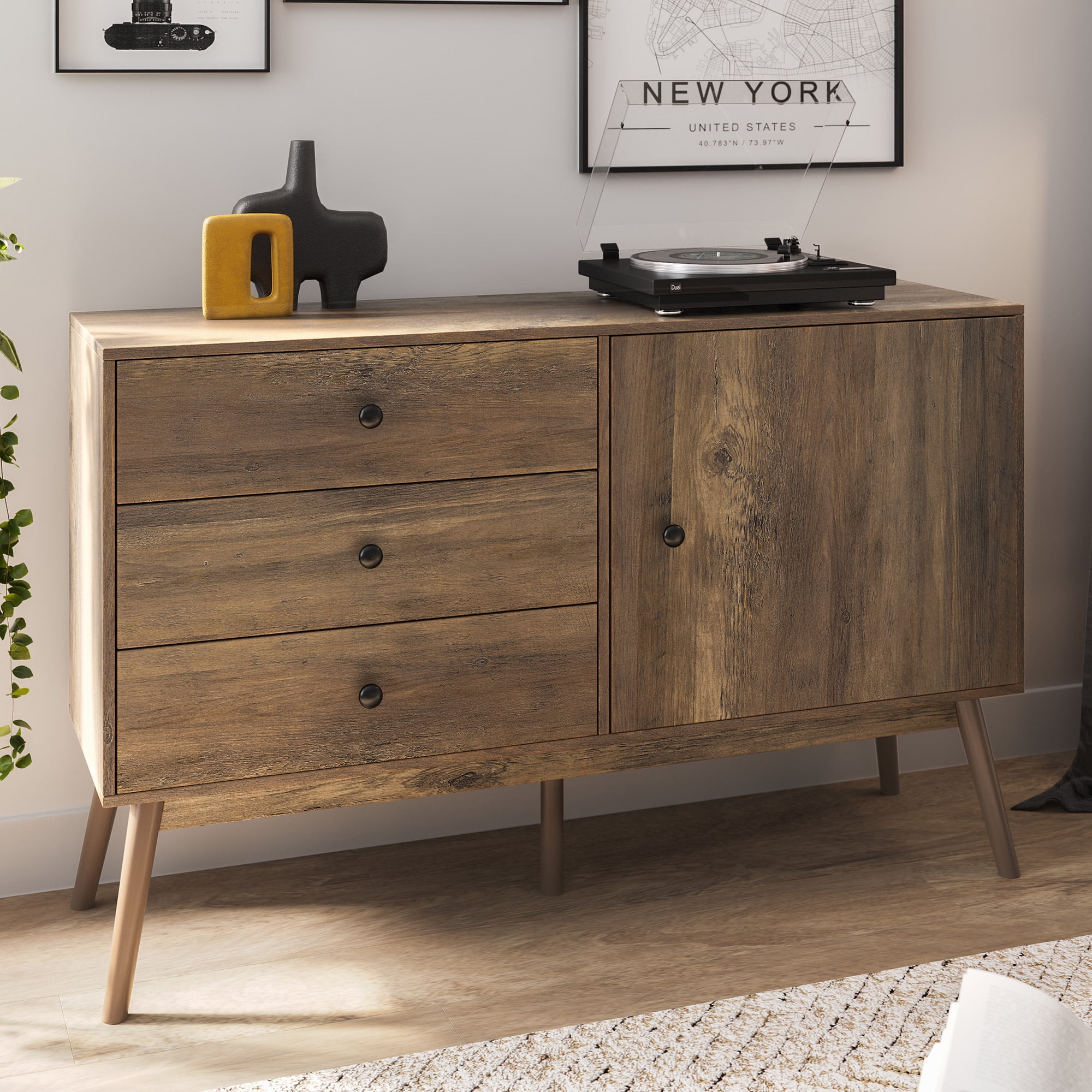 Rustic Oak Mid-Century Modern Sideboard with Storage