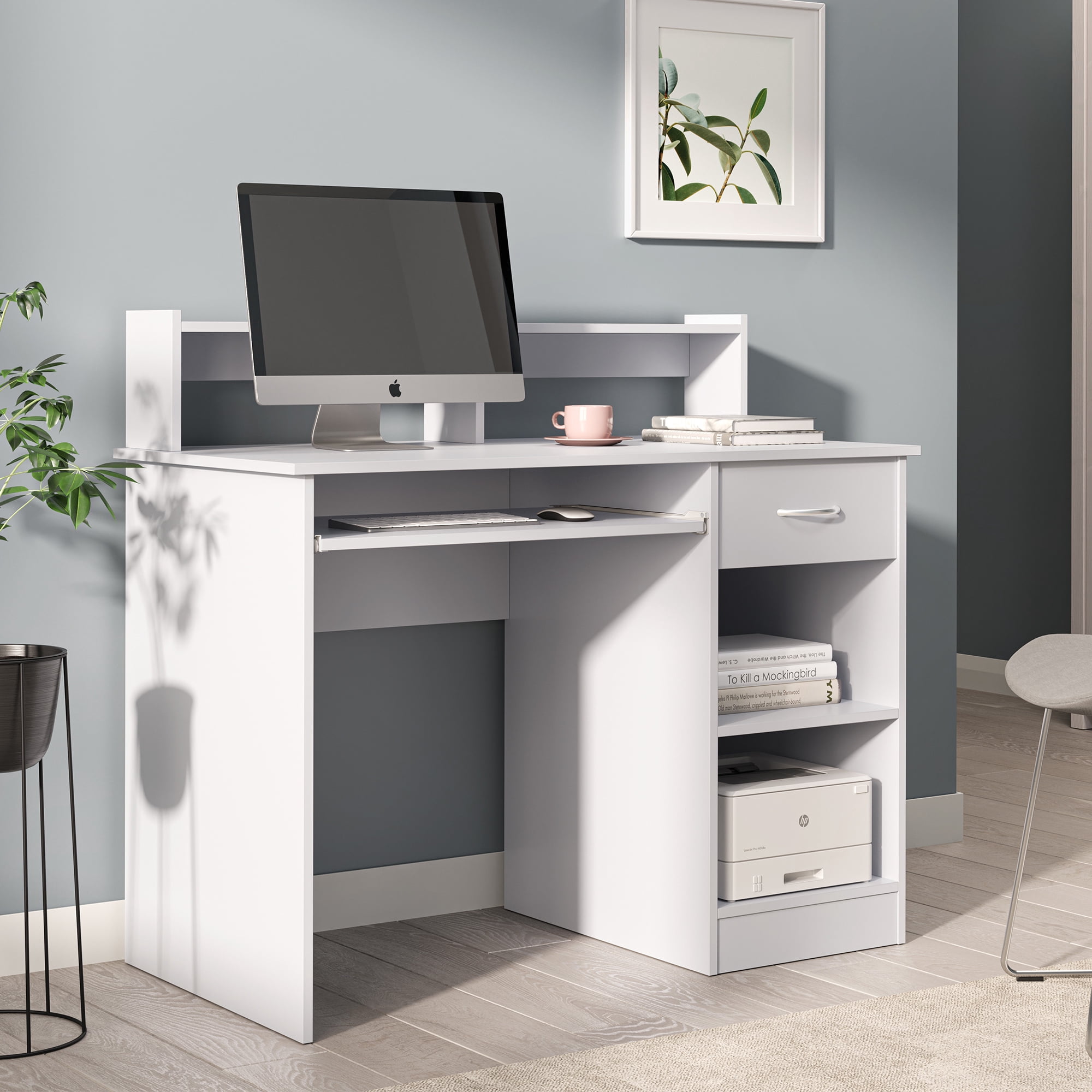 Small White Computer BELLEZE Small Home Office Computer Desk with Hutch - Wren (White ...