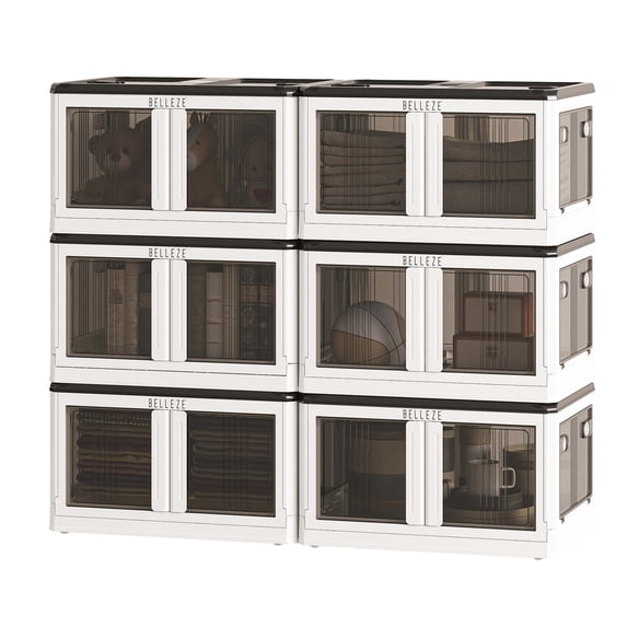 BELLEZE Stackable Storage Bins with Lids, 12 Gallon 6 Packs Plastic Storage Bins with 5 Openings, Collapsible Storage Boxes with Wheels for Organizing, Toy Closet Kitchen Storage Containers (White)