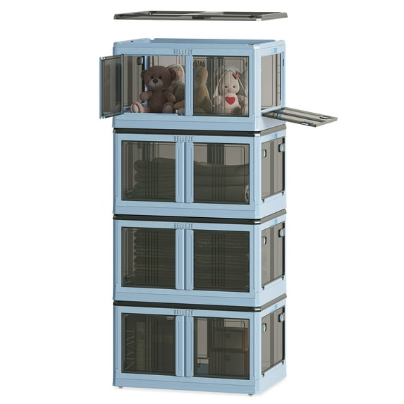 BELLEZE Stackable Storage Bins with Lids, 19 Gallon 4 Packs Plastic Storage Bins with 5 Openings, Collapsible Storage Boxes with Wheels for Organizing, Toy Closet Kitchen Storage Containers (Blue)