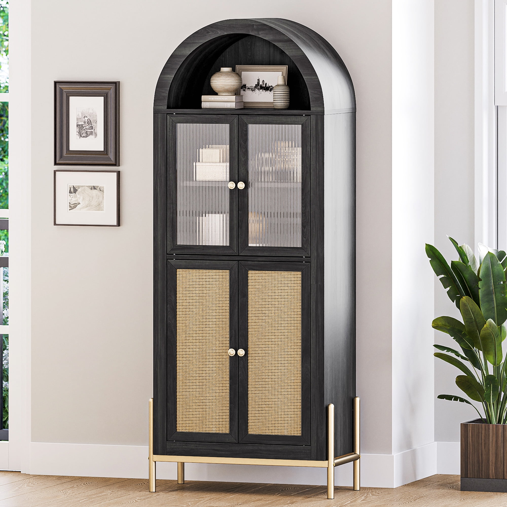 BELLEZE Storage Cabinet, 65-Inch Bookcase, Kitchen Pantry Cabinet w/4 Doors, Tall Glass Display Cabinet, China Cabinet with Adjustable Shelves, Accent Cabinet for Home Living Room - Treasures(Black)