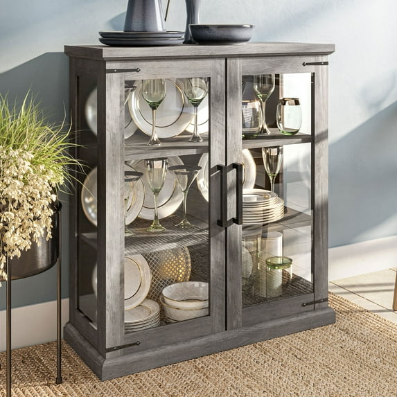 BELLEZE Storage Cabinet with Shelves and Glass Doors for Entryway, Living Room, Hallway, or Kitchen - Ashford (Gray Wash)