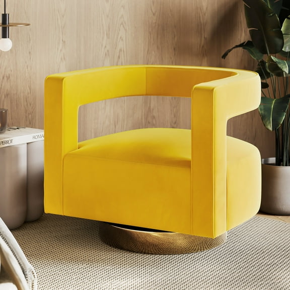 BELLEZE Swivel Accent Chair, Modern Barrel Chair Comfy Velvet Curved Back Round Chair with Gold Base Wood Frame, 360 Degree Swivel Club Armchair for Living Room, Bedroom, Office - Crown Chair (Yellow)