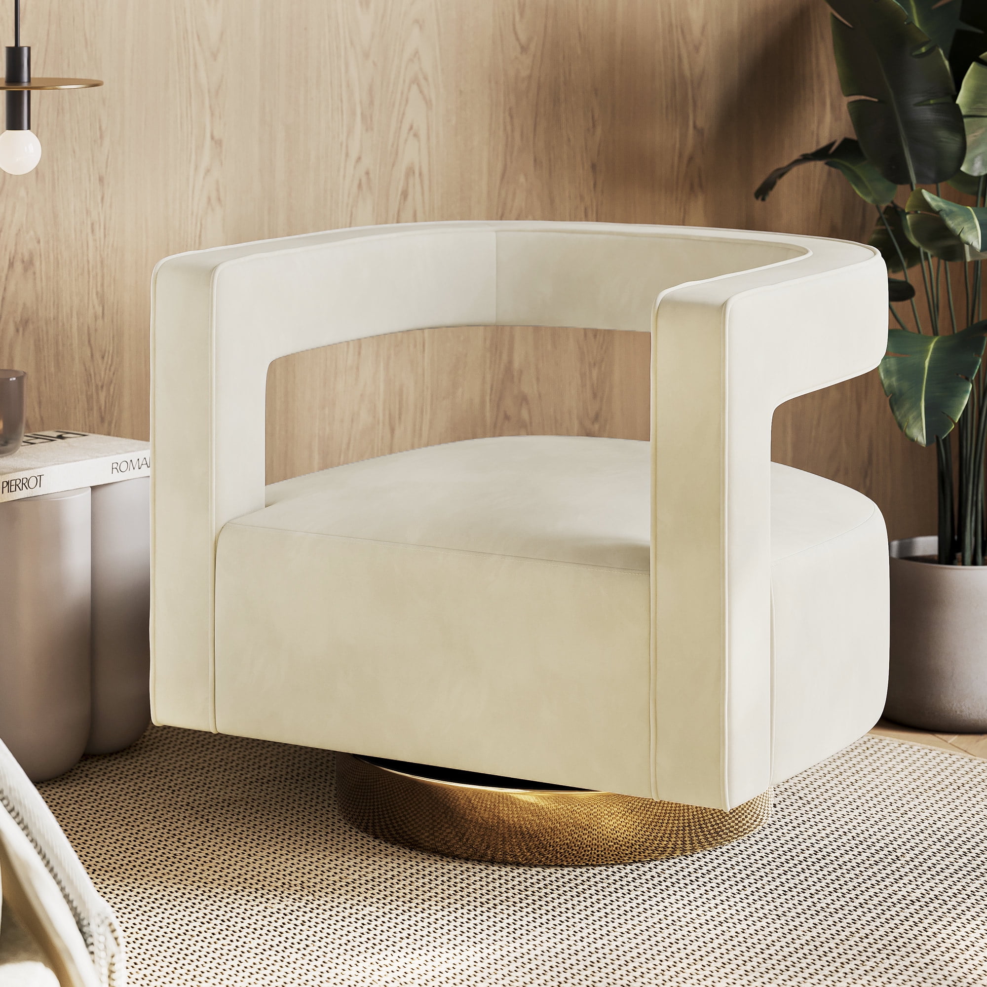 Ivory Velvet Swivel Barrel Accent Chair with Gold Base