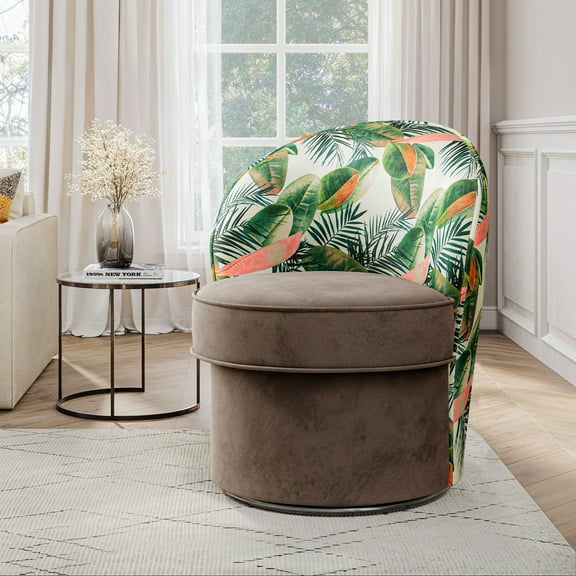 BELLEZE Swivel Barrel Chair, Modern Round Accent Chair Floral Pattern Upholstered 360 Degree Swivel Armchair for Living Room Bedroom - Grove (Brown & Floral)