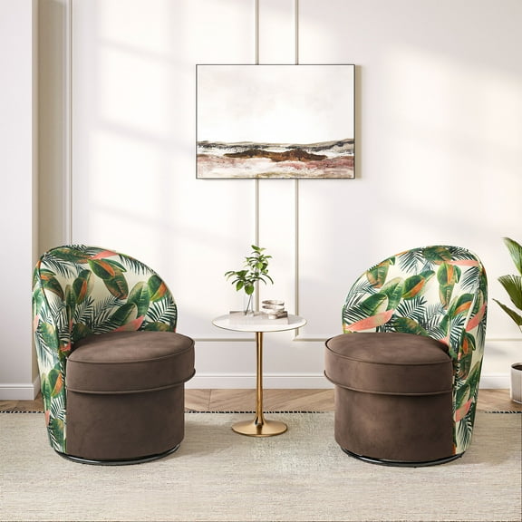 BELLEZE Swivel Barrel Chairs Set of 2, Modern Round Accent Chairs Floral Pattern Upholstered 360 Degree Swivel Armchairs for Living Room Bedroom - Grove (Brown & Floral)