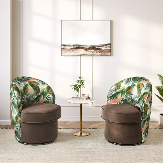 BELLEZE Swivel Barrel Chairs Set of 2, Modern Round Accent Chairs Floral Pattern Upholstered 360 Degree Swivel Armchairs for Living Room Bedroom - Grove (Brown & Floral)