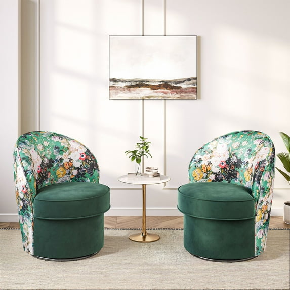 BELLEZE Swivel Barrel Chairs Set of 2, Modern Round Accent Chairs Floral Pattern Upholstered 360 Degree Swivel Armchairs for Living Room Bedroom - Grove (Green & Floral)