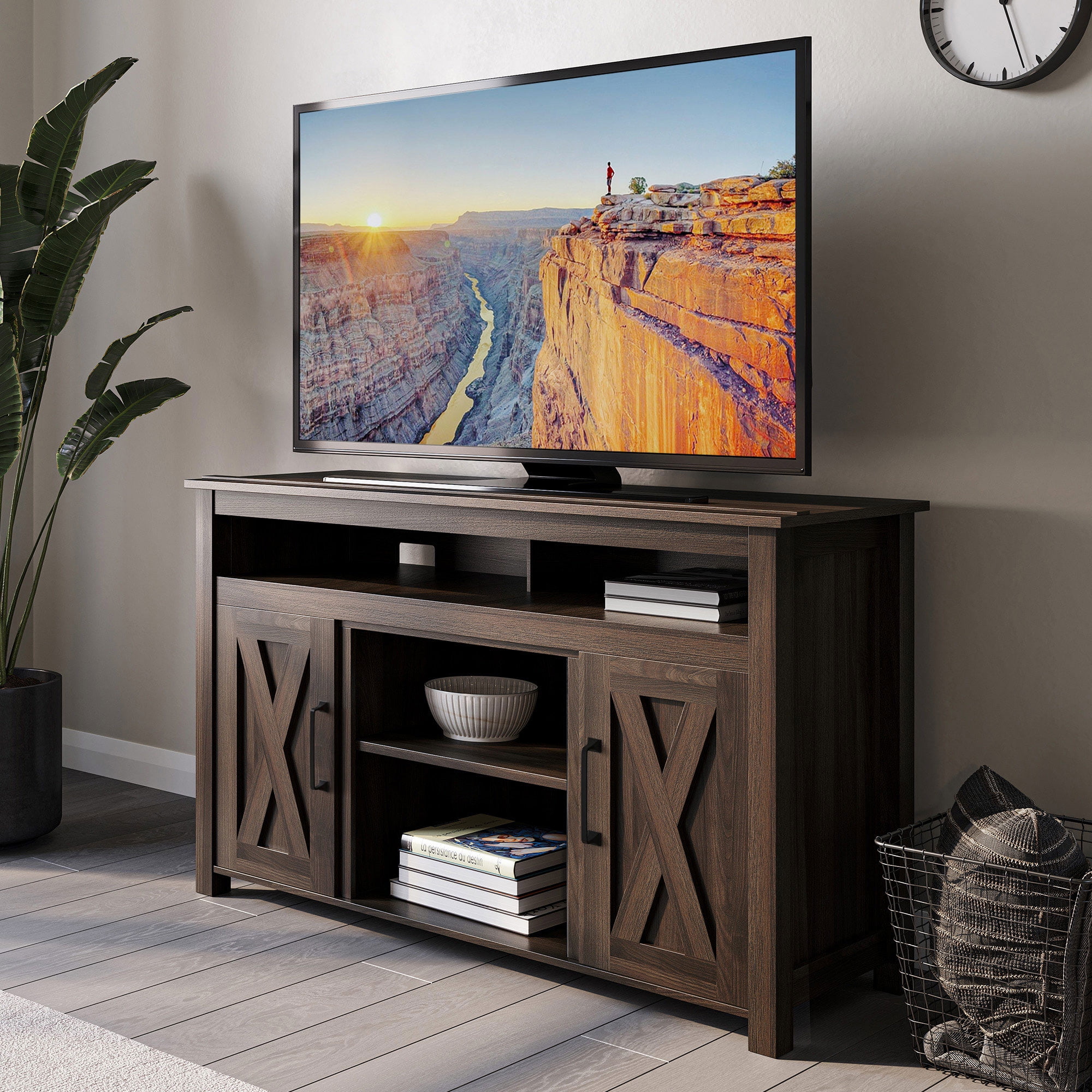 Dark Walnut Modern Farmhouse TV Stand with Fireplace