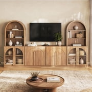 BELLEZE TV Stand Storage 4 Piece Set, Modern Modular Entertainment Center with Storage Tall Media Console with Glass doors, Wood Side Cabinets for Living Room, Camel