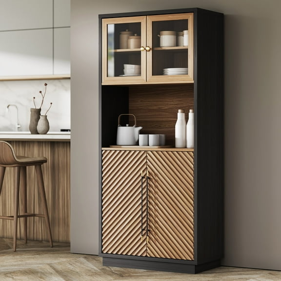 BELLEZE Tall Kitchen Pantry Cabinet, Freestanding Hutch for Kitchen Storage, Adjustable Shelves, Space-Saving Organizing Storage, Classic Black & Brown Finish Pantries (Brown Walnut)