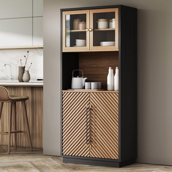 BELLEZE Tall Kitchen Pantry Cabinet, Freestanding Hutch for Kitchen Storage, Adjustable Shelves, Space-Saving Organizing Storage, Classic Black & Brown Finish Pantries (Brown Walnut)