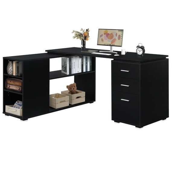 BELLEZE Trition L Shaped Computer Desk Home Office Corner Desk With Open Shelves And Drawers, Black