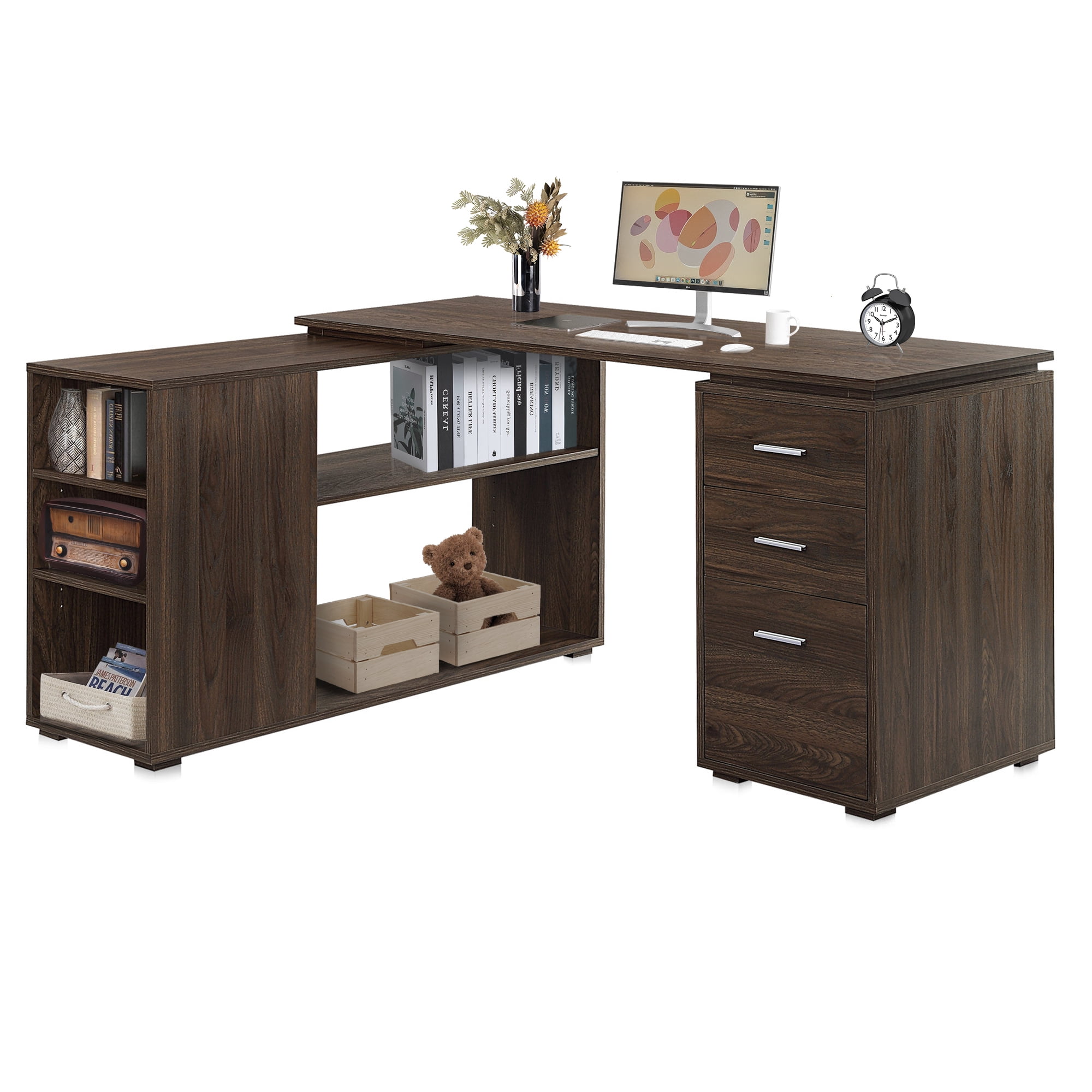 BELLEZE Trition L Shaped Computer Desk Home Office Corner Desk With Open Shelves And Drawers, Dark Walnut