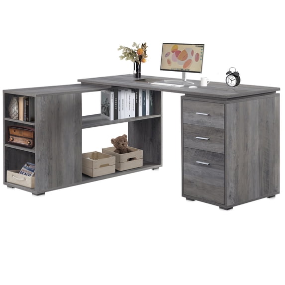 BELLEZE Trition L Shaped Computer Desk Home Office Corner Desk With Open Shelves And Drawers, Gray Wash