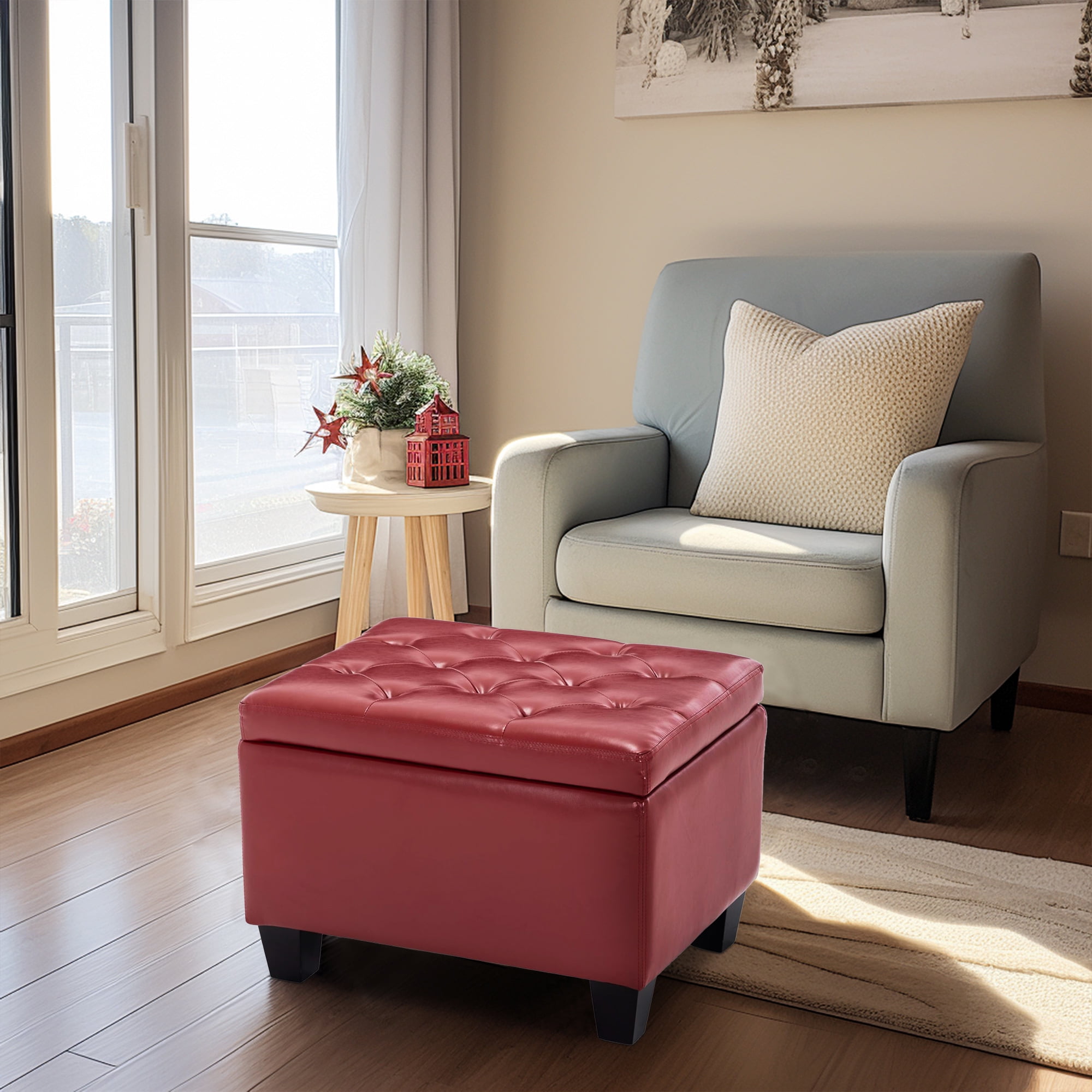 BELLEZE Tufted Ottoman Faux Leather Upholstered Storage Rectangle Foot Rest Stool Red