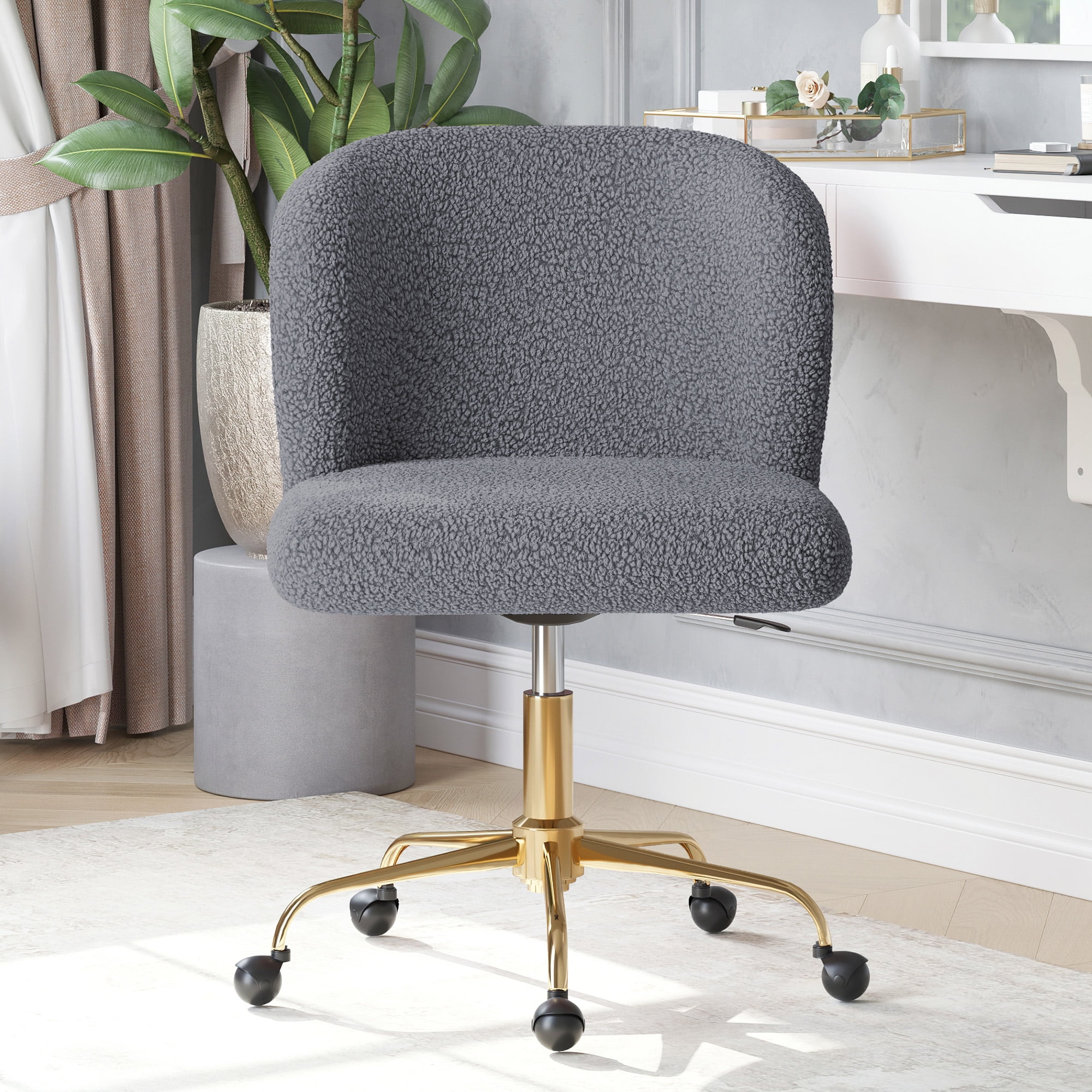 GZMR Gray Upholstered Office Chair Armless with Wood Legs