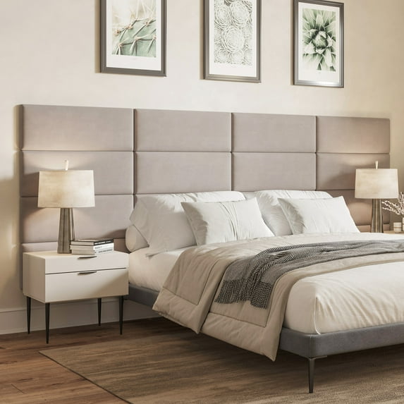 BELLEZE Upholstered Wall Mounted Light Brown Headboard Panels Fits a Twin, Double, Queen, King Bed Frame, 30" x 11.5" - Configuration of 8 Individual Panels