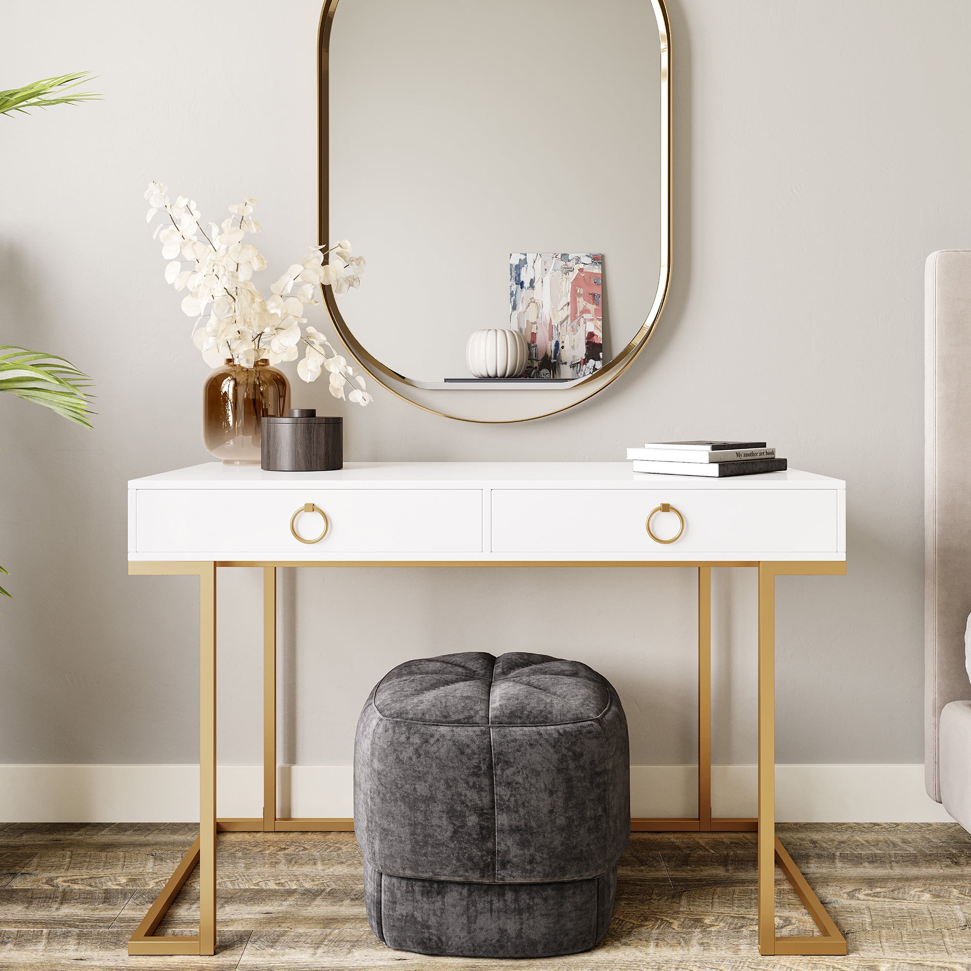 White and Gold Wood Vanity Desk with Drawers